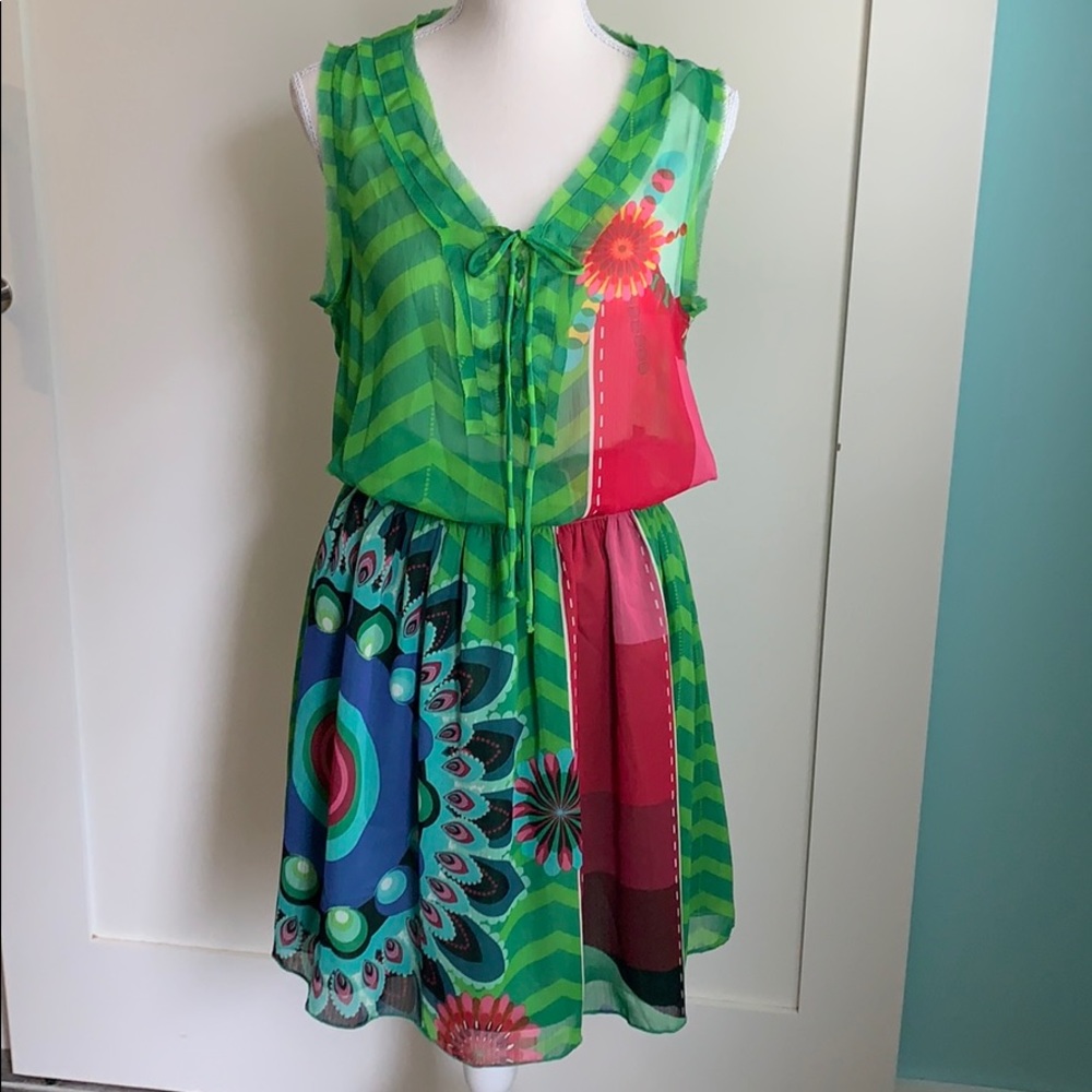 Desigual Green Floral Chevron Lace Up Dress